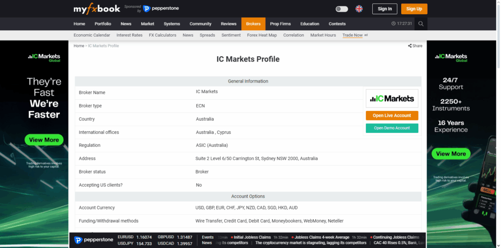 IC Markets + Myfxbook