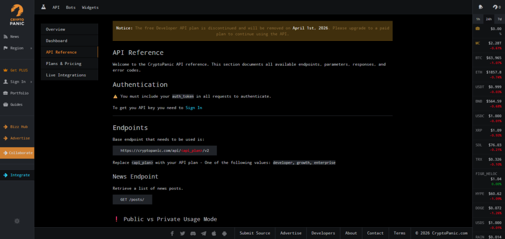 CryptoPanic API